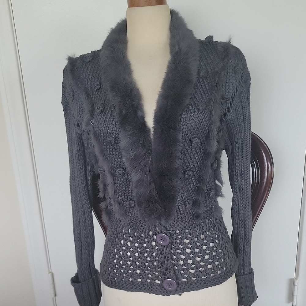 Women's Gray Knit Sweater with Fur Trim